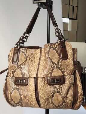 Coach Snake Print Embossed Tote Bag Large Brown Tan Leather Shoulder Purse